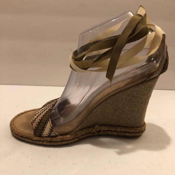 Marc Jacobs Espadrille Wedge Sandals with ribbon ankle tie- tans & greens, Sz 8 - Picture 6 of 11